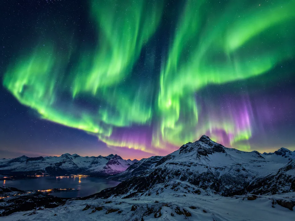 Green aurora curtains with violet lower edges above a snowy ridge
