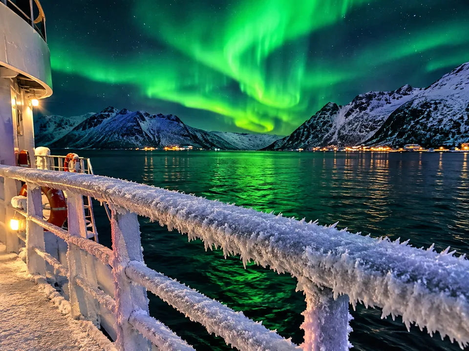 A frosted boat railing at night with a green aurora over the fjord