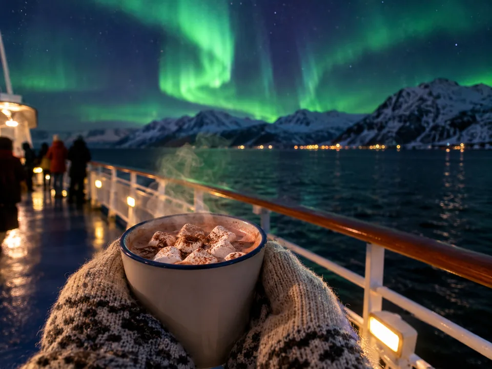 Gloved hands holding a mug of hot chocolate on a boat deck under a green aurora